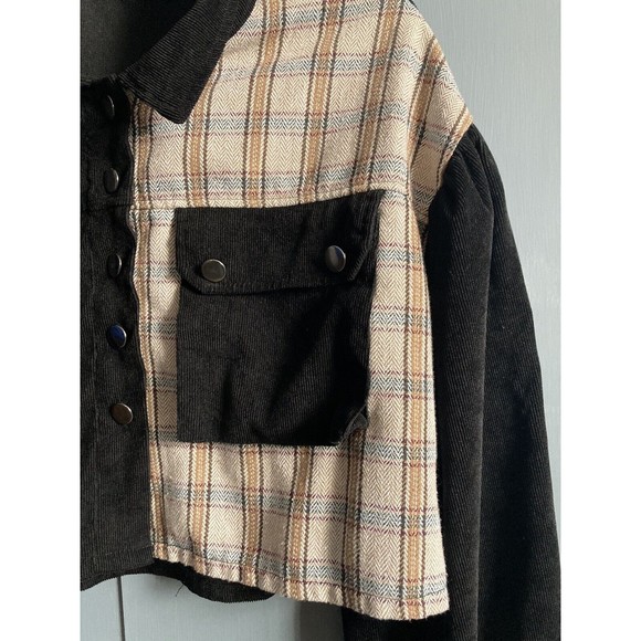 Shein Women's Black Tan Colorblock‎ Long Sleeve Button Up Cropped Jacket Size S - Picture 3 of 8